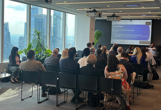 Event attendees at the Brown Rudnick Office in NYC during the third session on Global Licensing (event speakers: Anne Louise St. Martin, Senior Director, Chief Counsel Patents, IP Council & Ops at Mondelez International;Sadhana Chitale, Senior Director, Life Sciences, Tech Transfer at NYU Langone Health; George Phillips, Senior Patent Counsel at Johnson & Johnson).